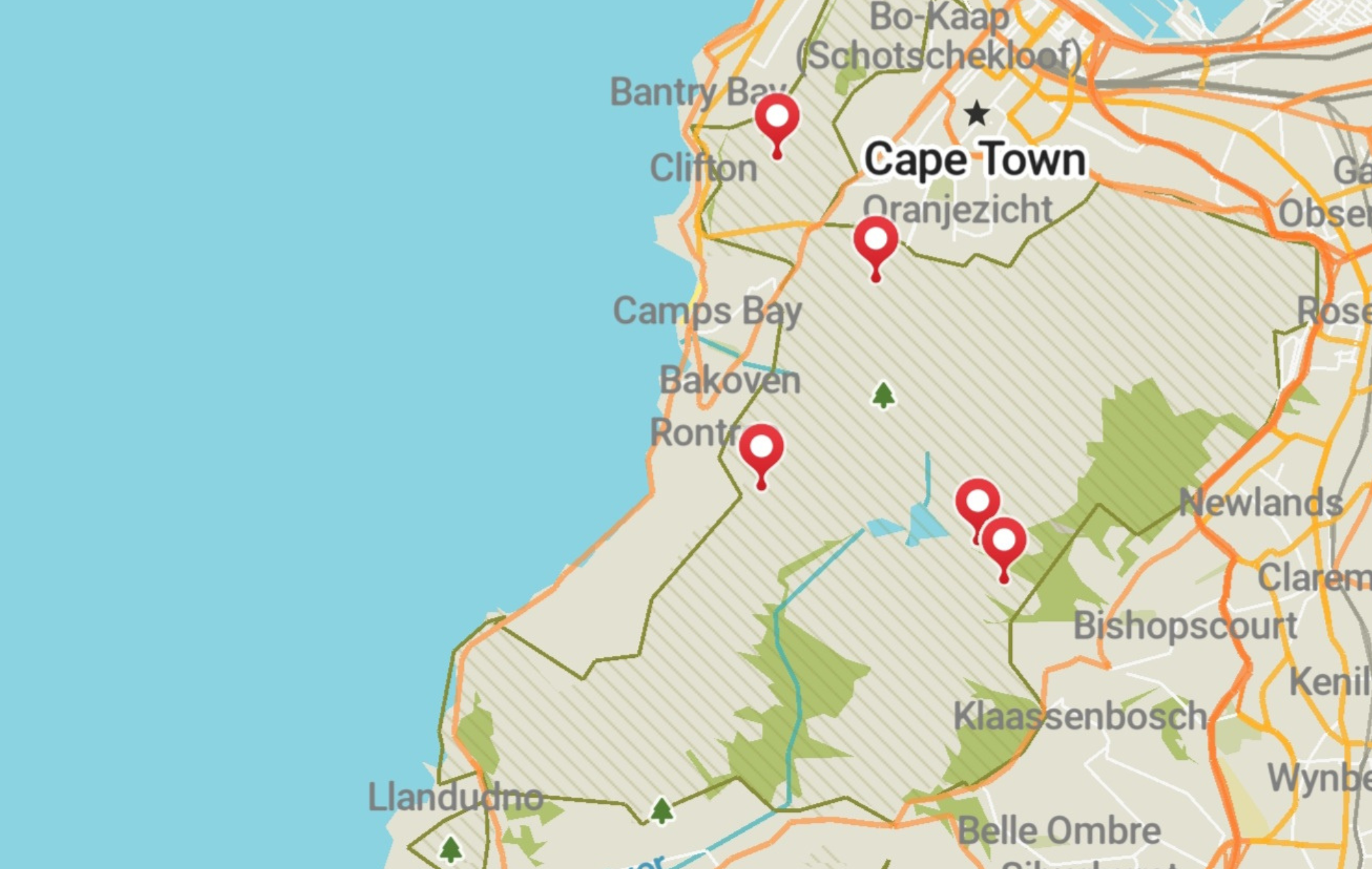 Map showing The Bearded Boertjie trail locations
